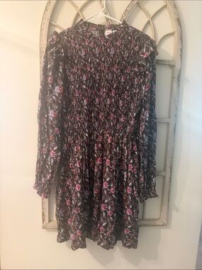 GAP Black Floral Smocked Long Sleeve Dress